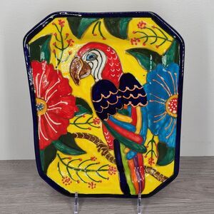 La Ceramica De Juan Hand Painted Tray Made In Spain Multicolor Parrot Florals